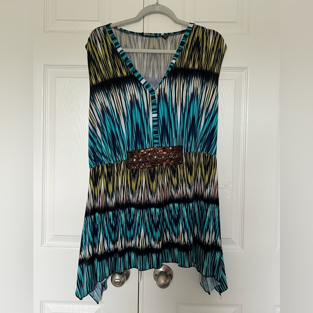 Elementz ~ Women’s Size 3X Tunic Multicolor Sleeveless Beaded BOHO Tunic Top